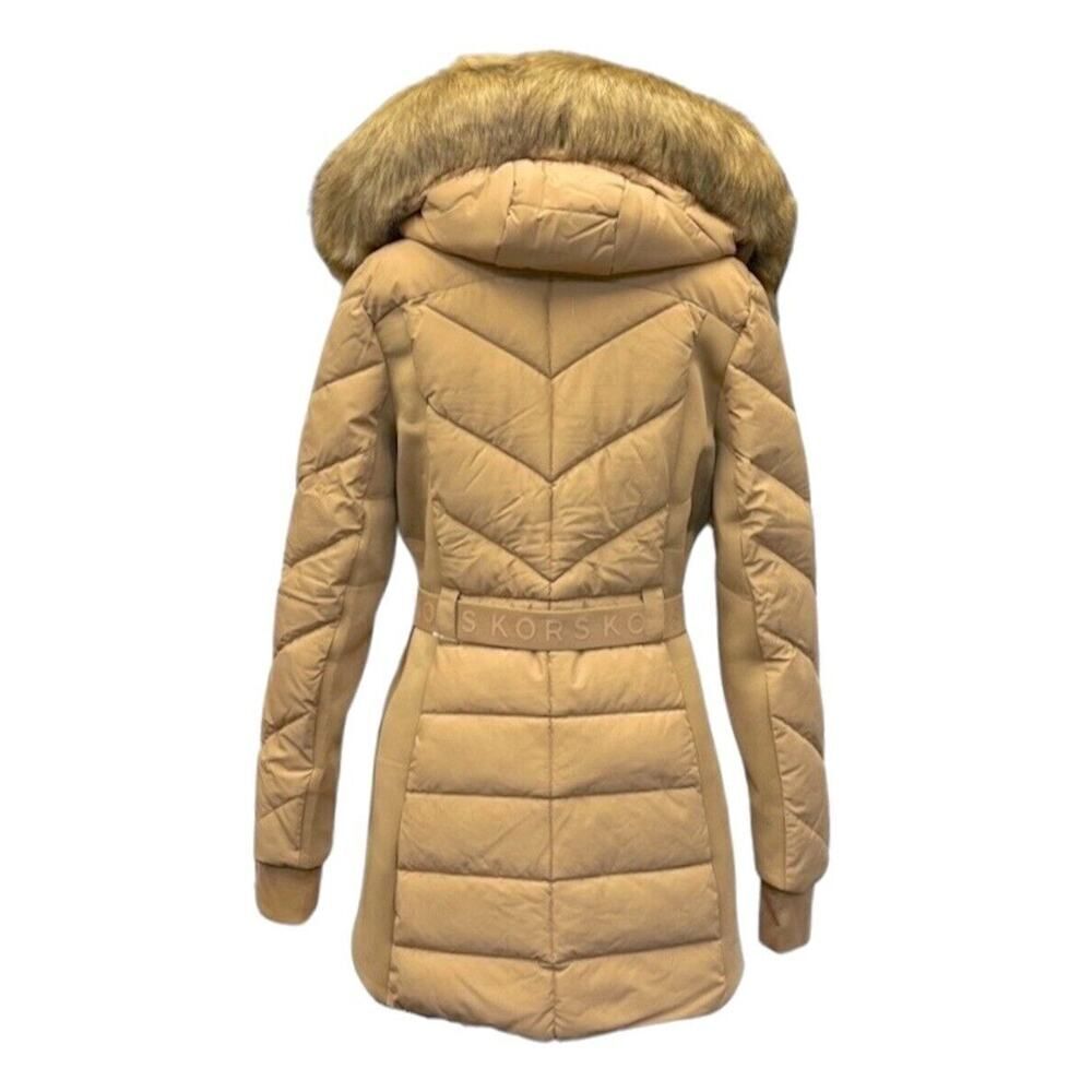 Michael Michael Kors Belted Puffer Faux Fur Trim Hooded Coat Jacket Dark Camel L - Picture 3 of 3